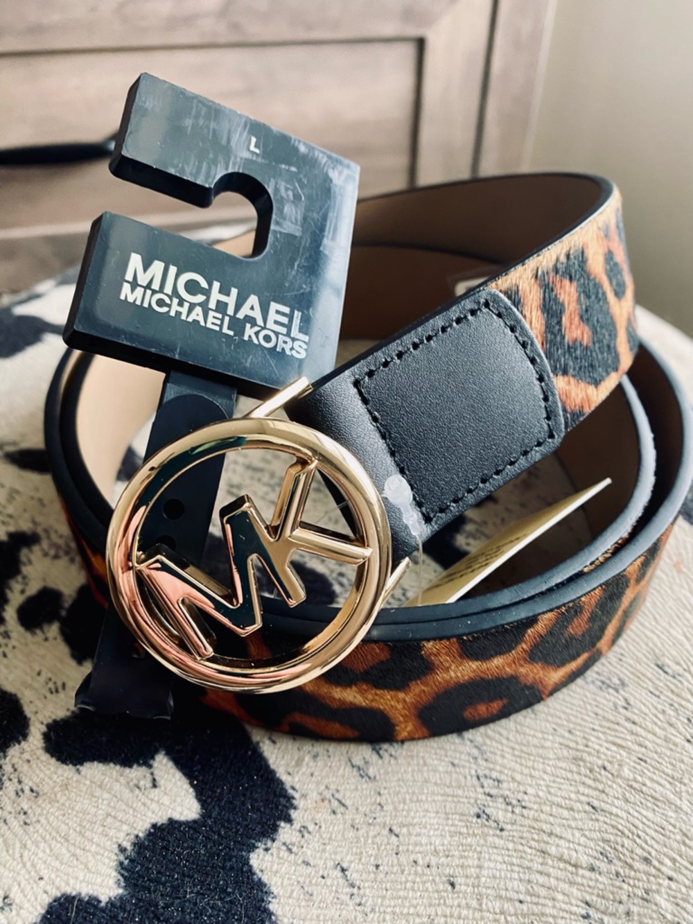 Michael Kors Leopard Print Belt with Gold MK Round Buckle